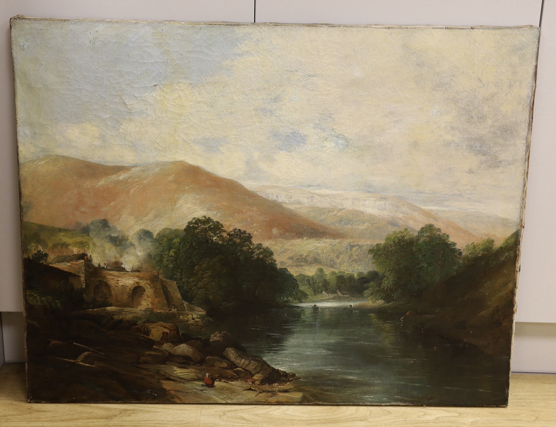 H. Smyth (fl.1845), oil on canvas, Welsh river landscape, label verso, 71 x 92cm, unframed